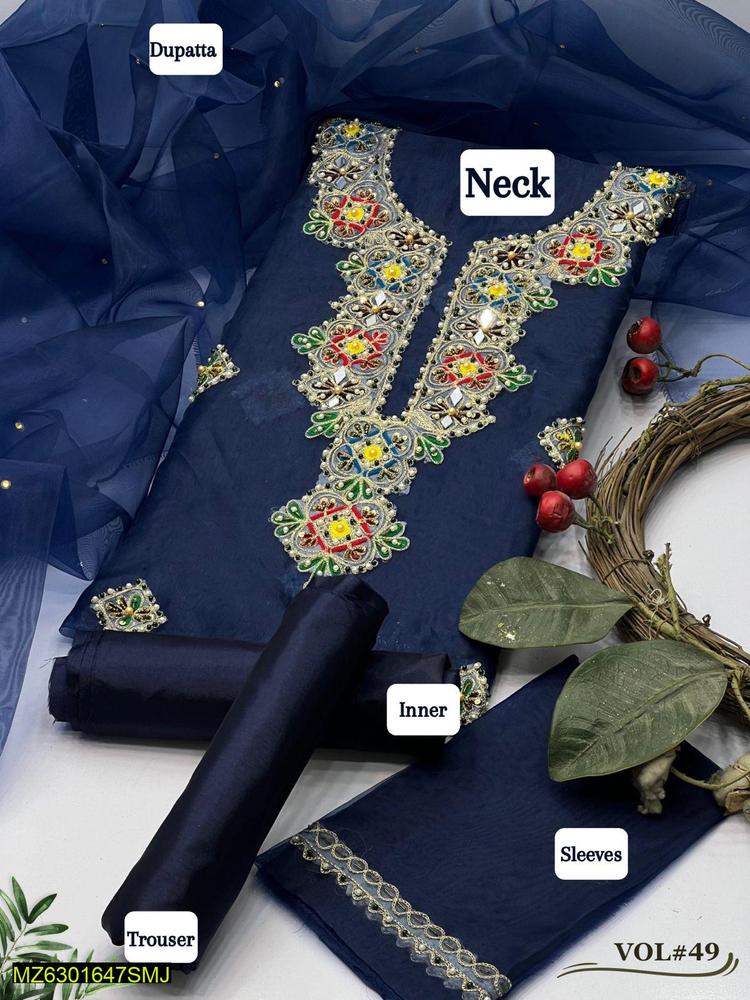 Navy Blue Embroidered 3-Piece Tissue Suit for Women