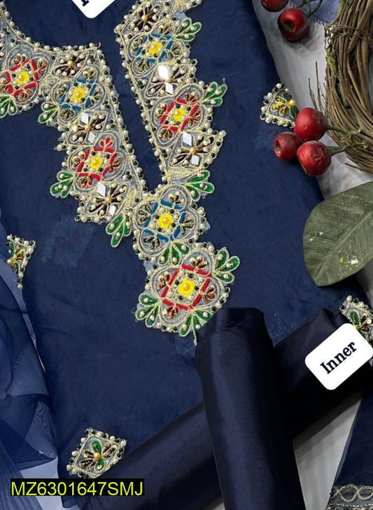 Navy Blue Embroidered 3-Piece Tissue Suit for Women