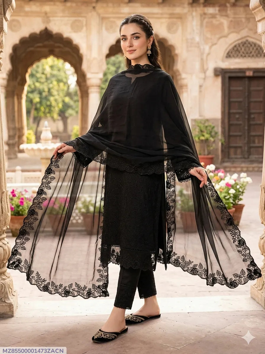 Black Chikankari 3-Piece Women's Suit with Chiffon Dupatta