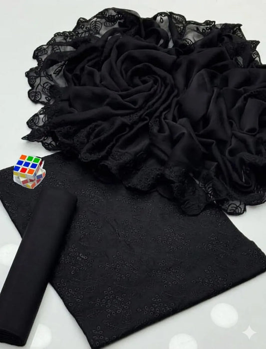 Black Chikankari 3-Piece Women's Suit with Chiffon Dupatta