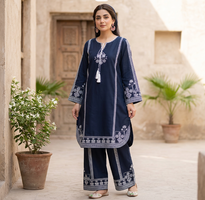 Blue Aari Embroidered Women's 3Pcs Suit Set
