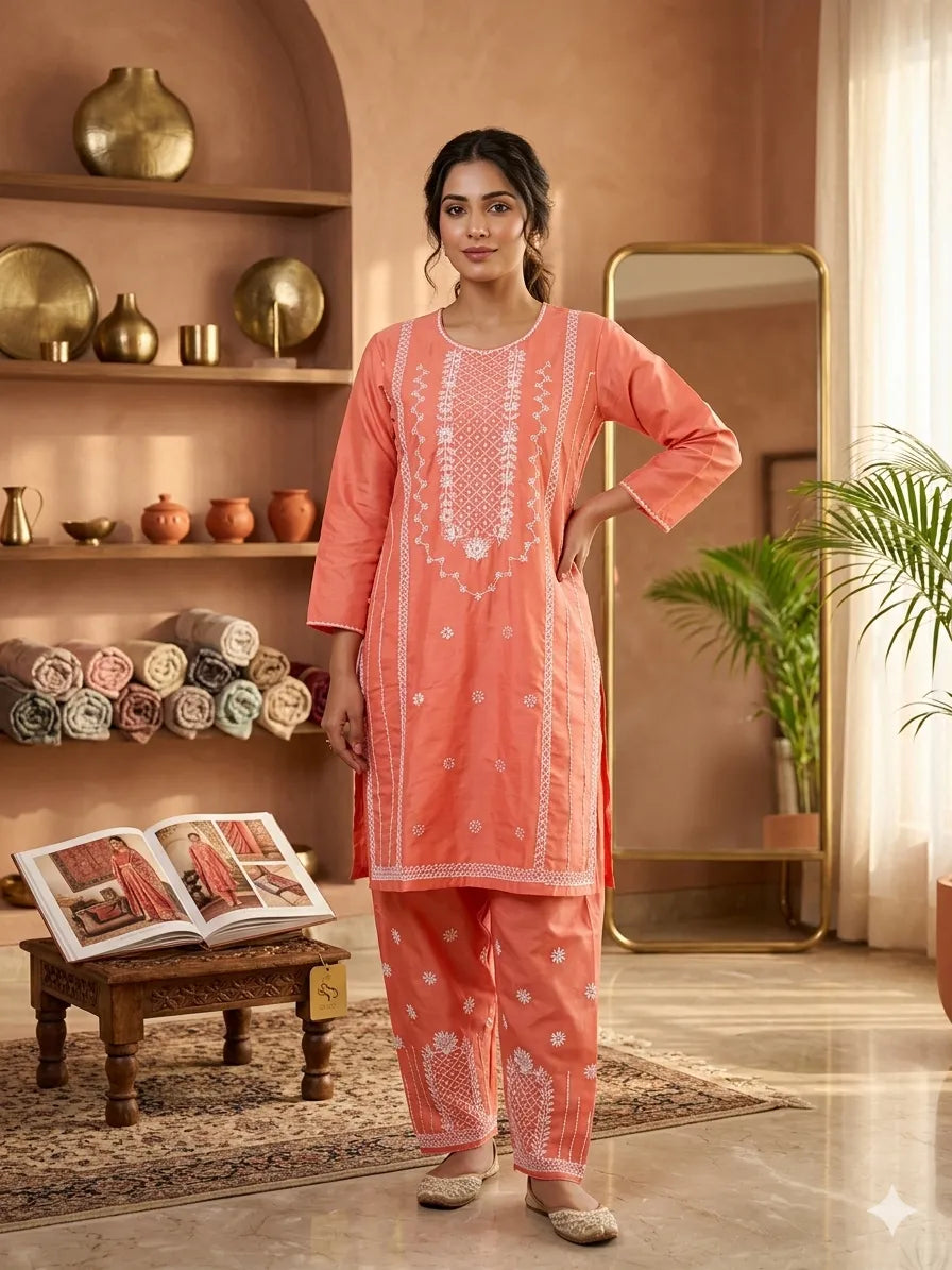 Women Cotton Embroidered 2-Piece Suit